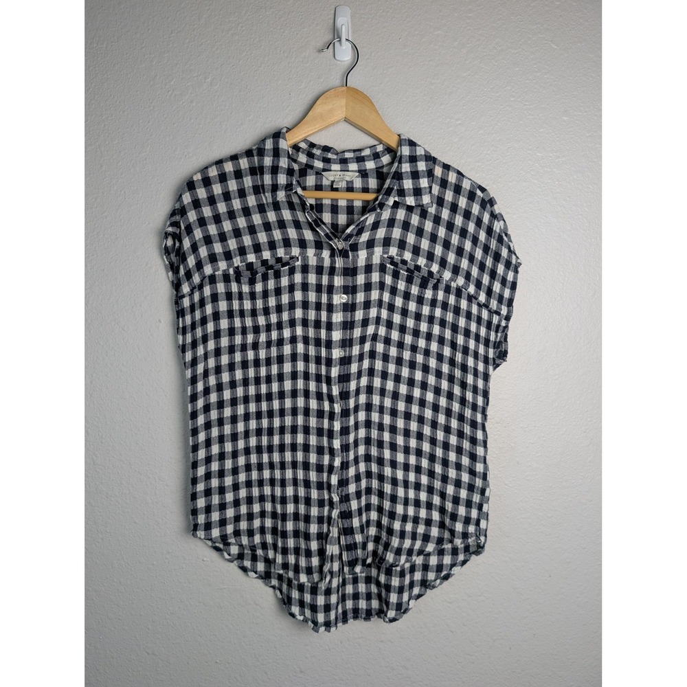 Lucky Brand Button-Up Womens S Petites Blue Check Cap Sleeve Relaxed Woven